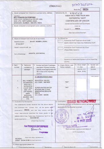 Form A1 Certificate of Origin